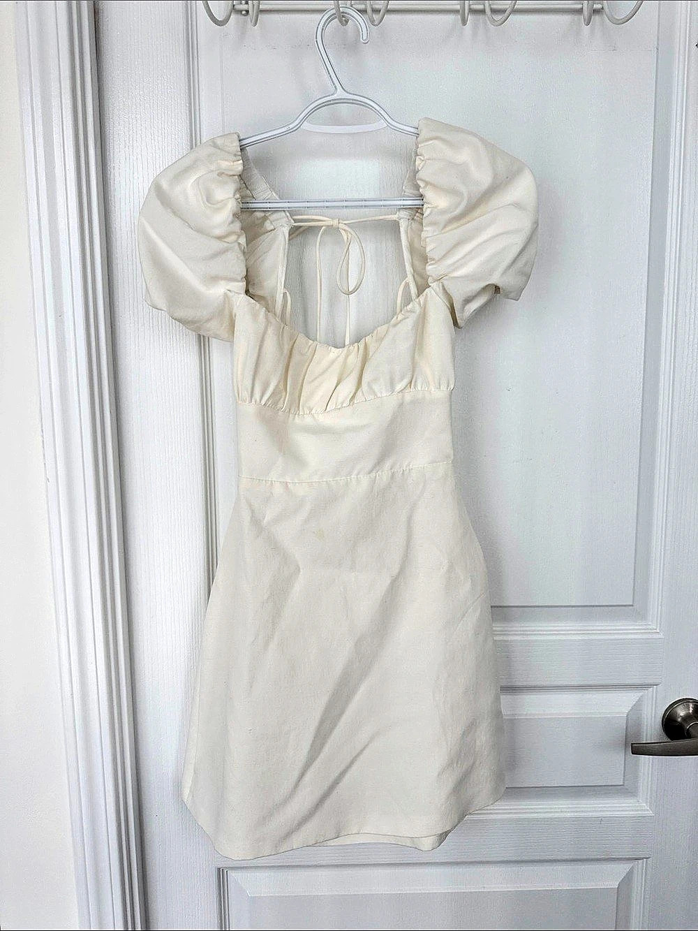 ZARA White Short Puff Sleeve Lace Up Back Mini Dress Cream Medium